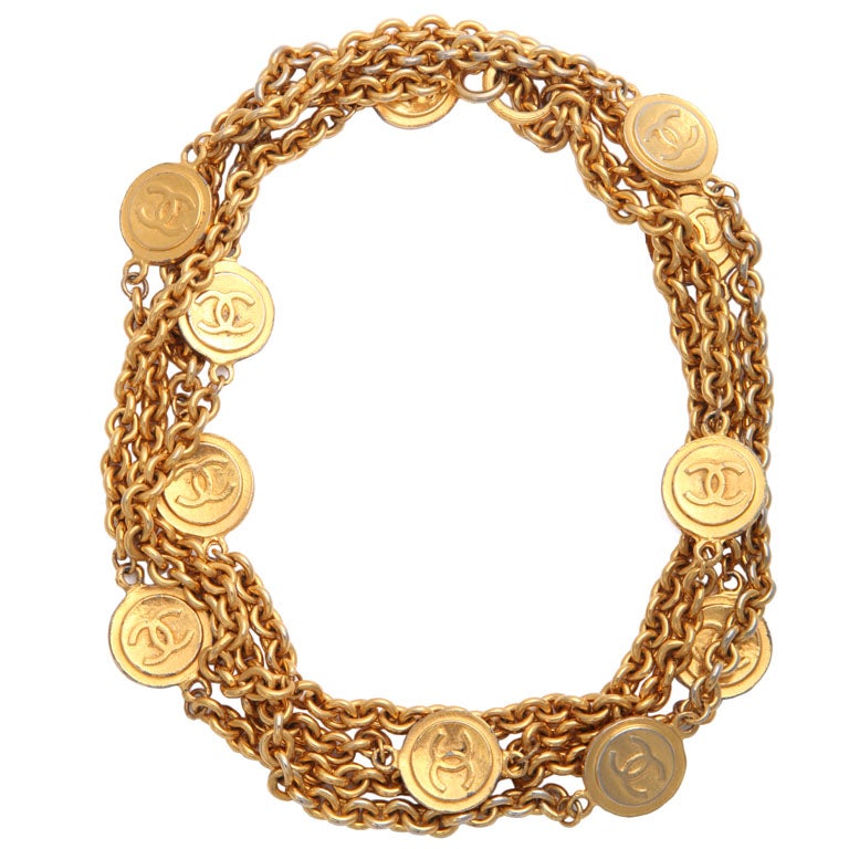 CHANEL gold tone classic link long chain necklace