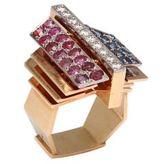 Retro Unusual Ruby Sapphire Diamond Gold Step Down Ring