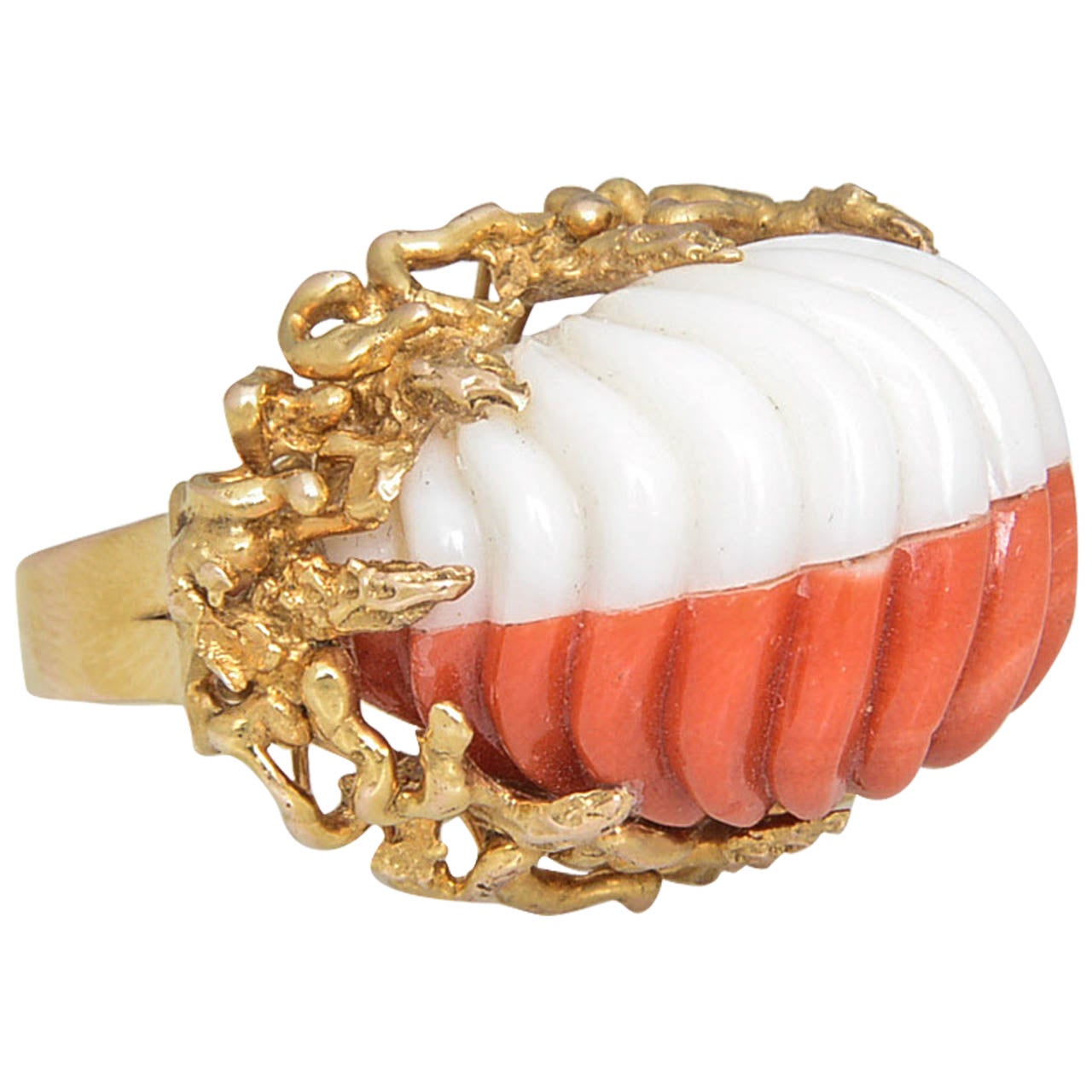 1960s Modernist Carved Two-Tone Coral Stylized Gold Ring