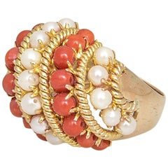 1960's - 1970's Coral and Cultured Pearl Dome Gold Ring