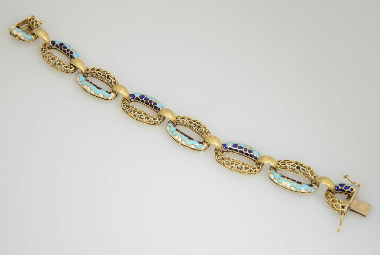 1970s Blue and White Enamel Honeycomb Gold Bracelet 5