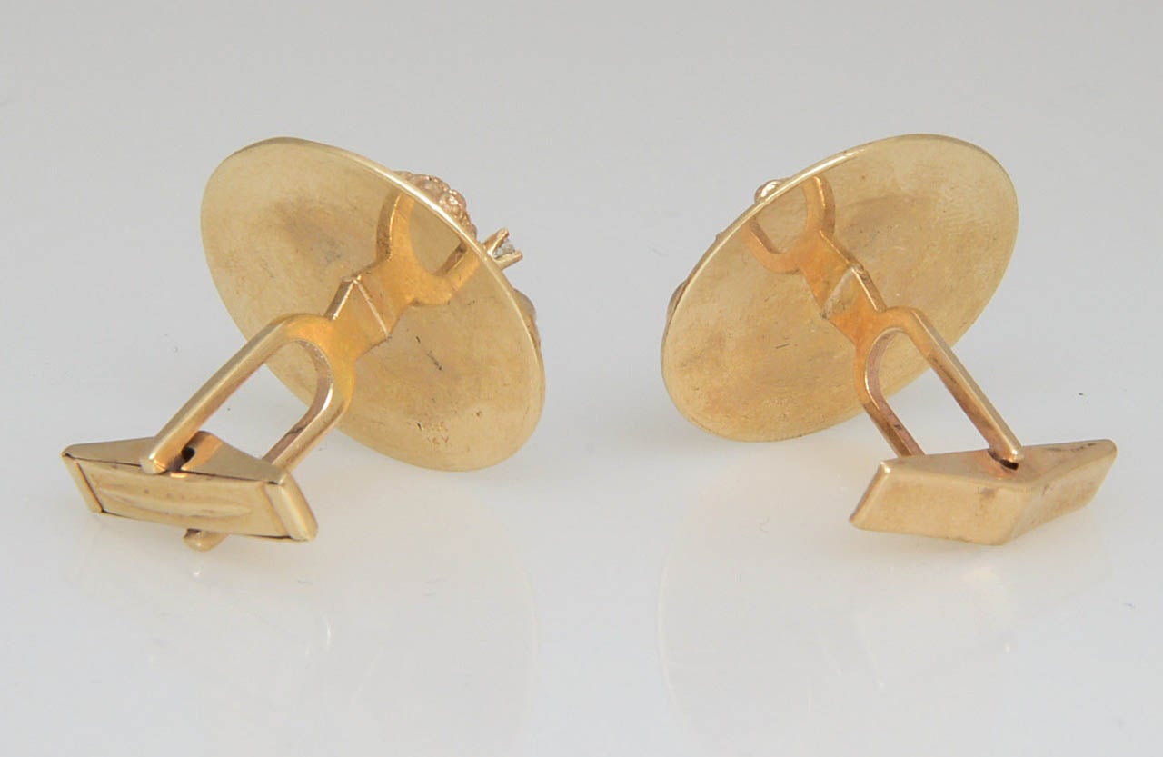 Round Cut Comedy and Tragedy Diamond Yellow Gold Figural Cufflinks For Sale