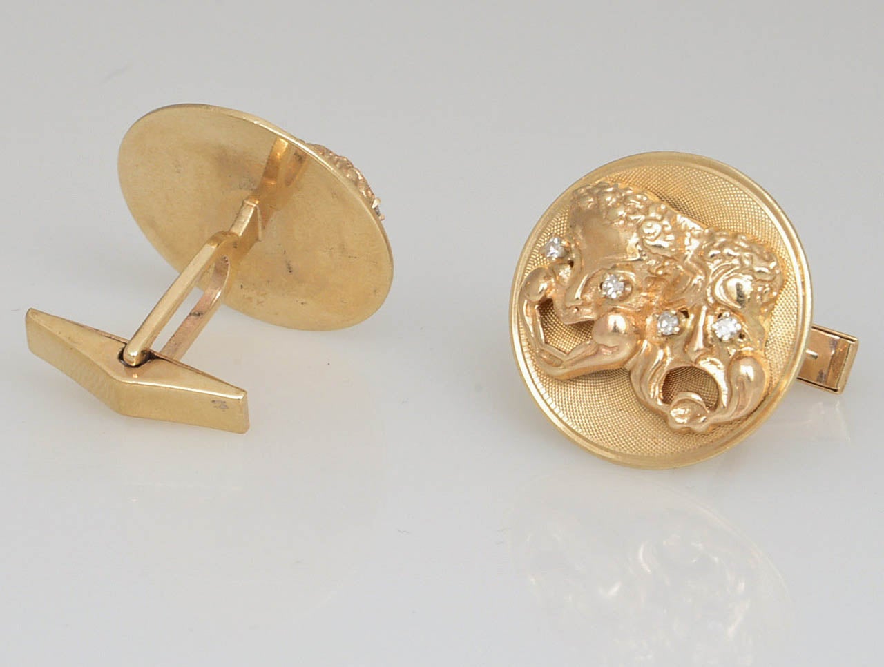 Comedy and Tragedy Diamond Yellow Gold Figural Cufflinks For Sale 1