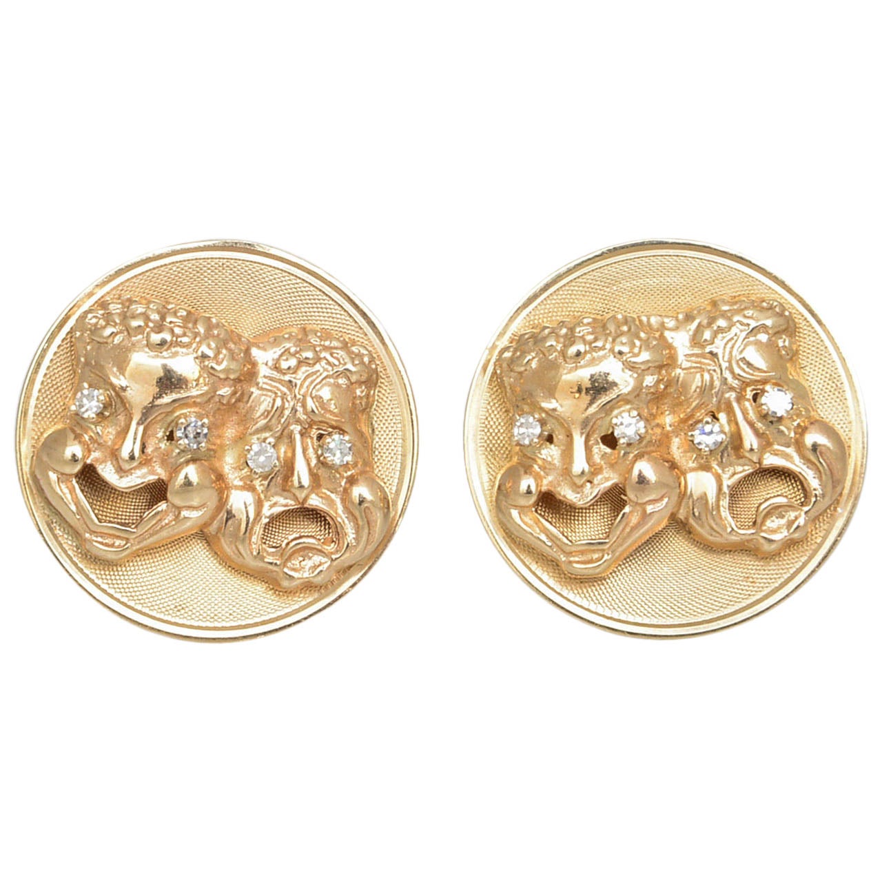 Comedy and Tragedy Diamond Yellow Gold Figural Cufflinks For Sale
