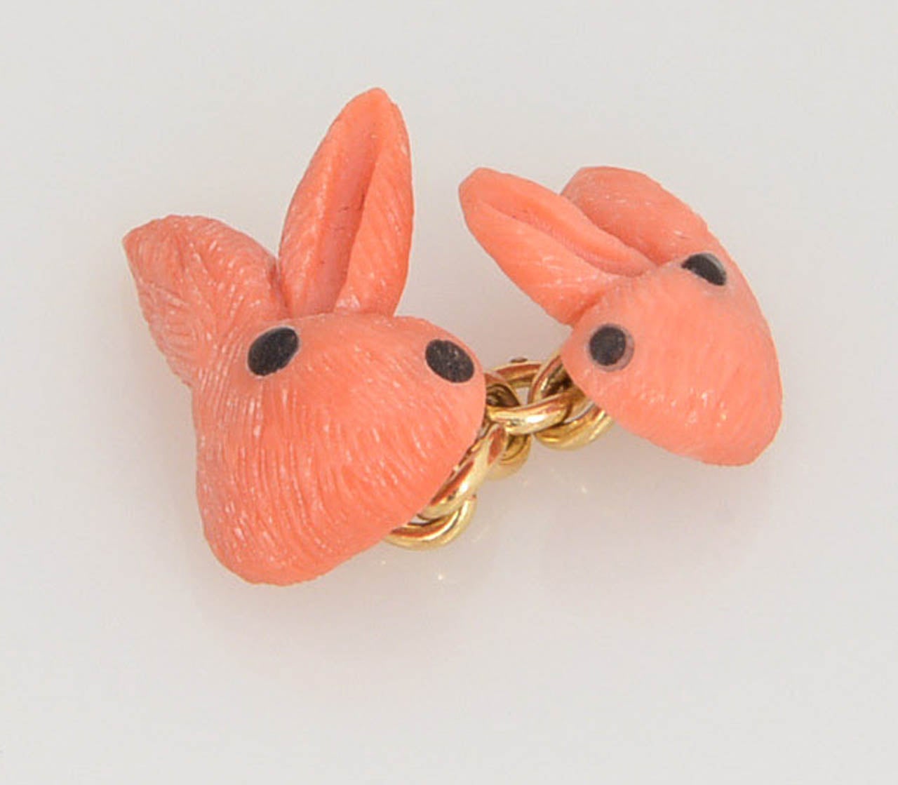 Italian Hand-Carved Coral Bunny Rabbit Gold Cufflinks 2