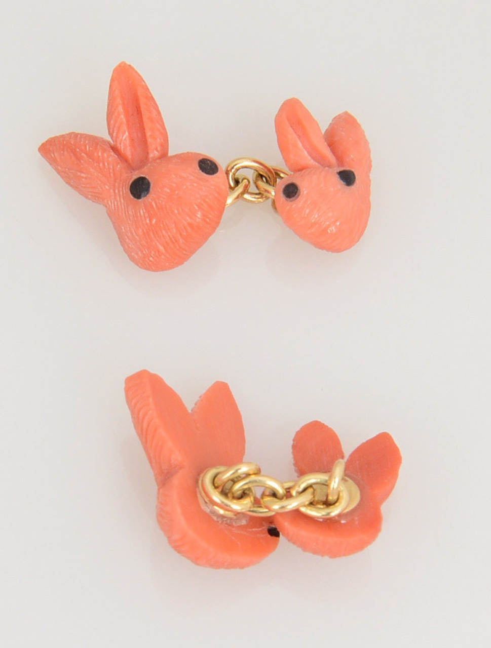 Italian Hand-Carved Coral Bunny Rabbit Gold Cufflinks 3