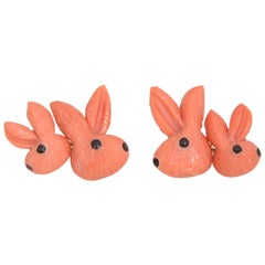 Italian Hand-Carved Coral Bunny Rabbit Gold Cufflinks