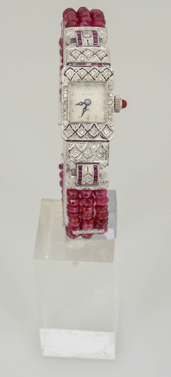 Art Deco Hamilton Ladies Platinum Diamond Ruby Bead Bracelet Wristwatch