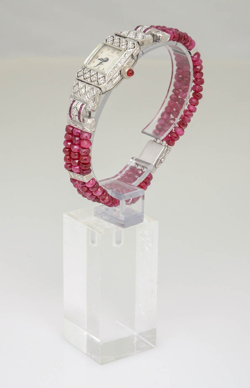 Hamilton Damen Platin Diamant Rubin Perlen Armband Armbanduhr im Zustand „Gut“ in Miami Beach, FL