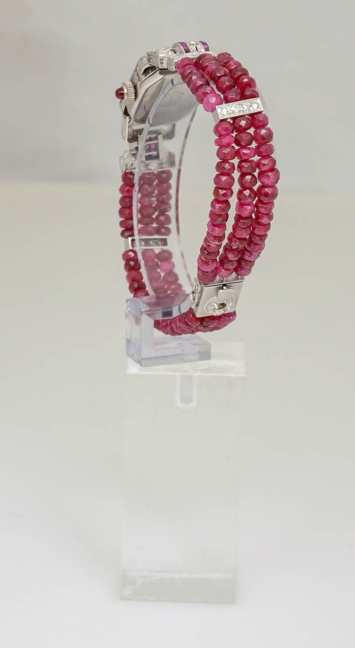 Hamilton Ladies Platinum Diamond Ruby Bead Bracelet Wristwatch 1