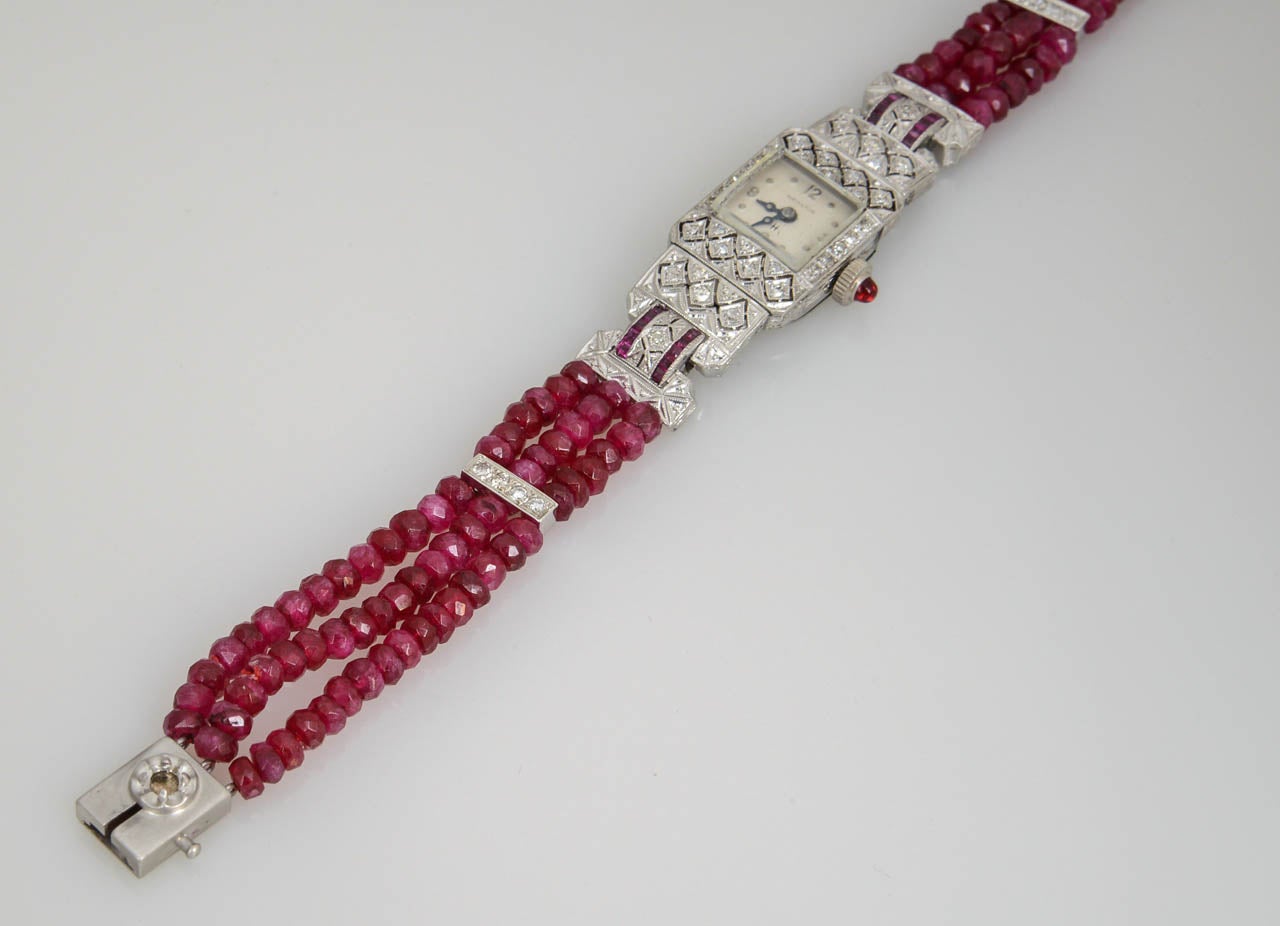 Hamilton Ladies Platinum Diamond Ruby Bead Bracelet Wristwatch 3