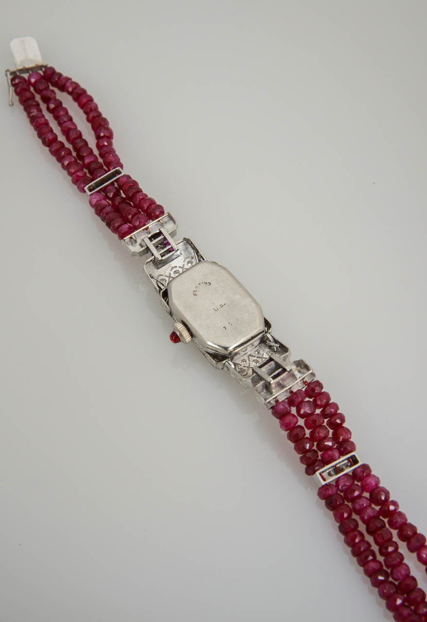 Hamilton Ladies Platinum Diamond Ruby Bead Bracelet Wristwatch 4