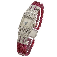 Hamilton Ladies Platinum Diamond Ruby Bead Bracelet Wristwatch
