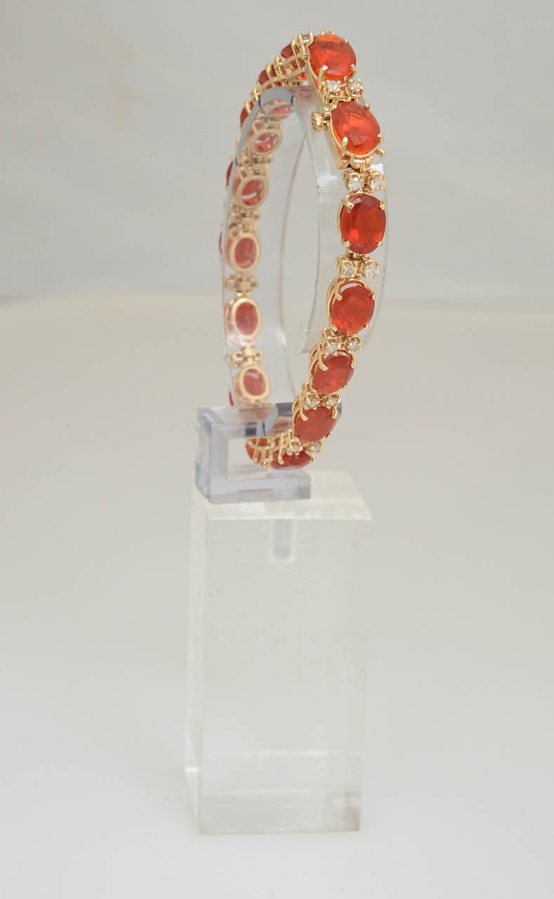 1970s Mexican Fire Opal and Diamond Line Bracelet In Excellent Condition In Miami Beach, FL