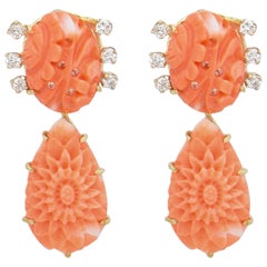 Carved Coral Floral Gold and Diamond Earrings