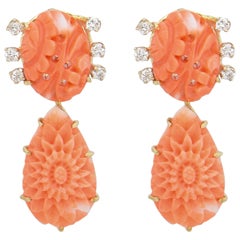 Carved Coral Floral Gold and Diamond Earrings Carved Coral Floral Gold and Diamond Earrings