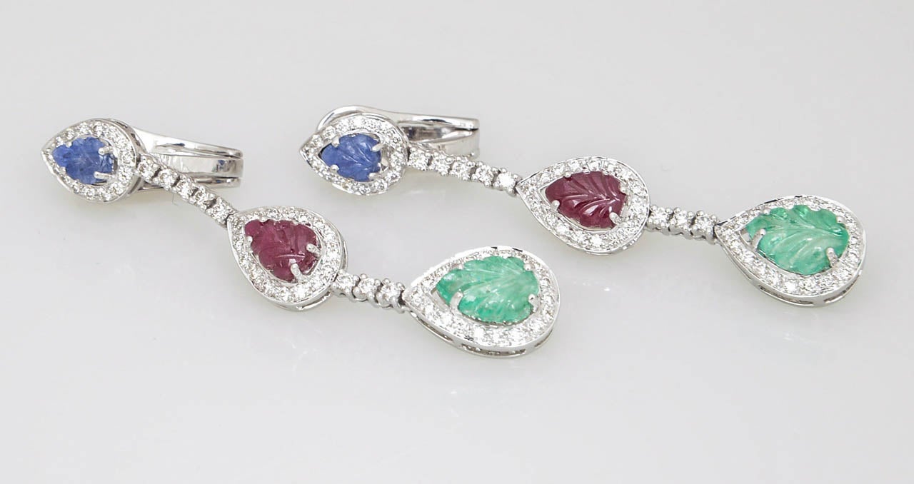 Women's Carved Emerald, Ruby and Sapphire Leaves in Diamond Drop Earrings For Sale