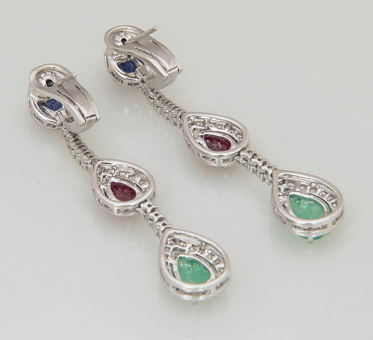 Carved Emerald, Ruby and Sapphire Leaves in Diamond Drop Earrings For Sale 1