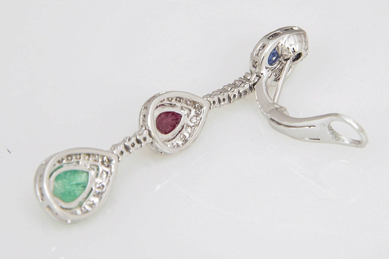 Carved Emerald, Ruby and Sapphire Leaves in Diamond Drop Earrings For Sale 2