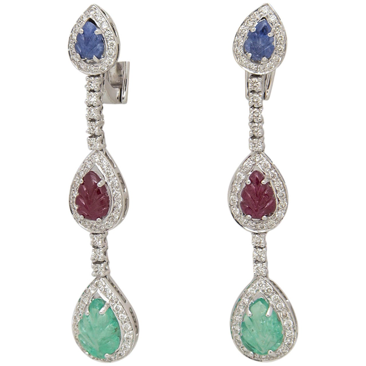 Carved Emerald, Ruby and Sapphire Leaves in Diamond Drop Earrings For Sale