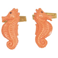 Carved Coral Seahorse Gold Cufflinks