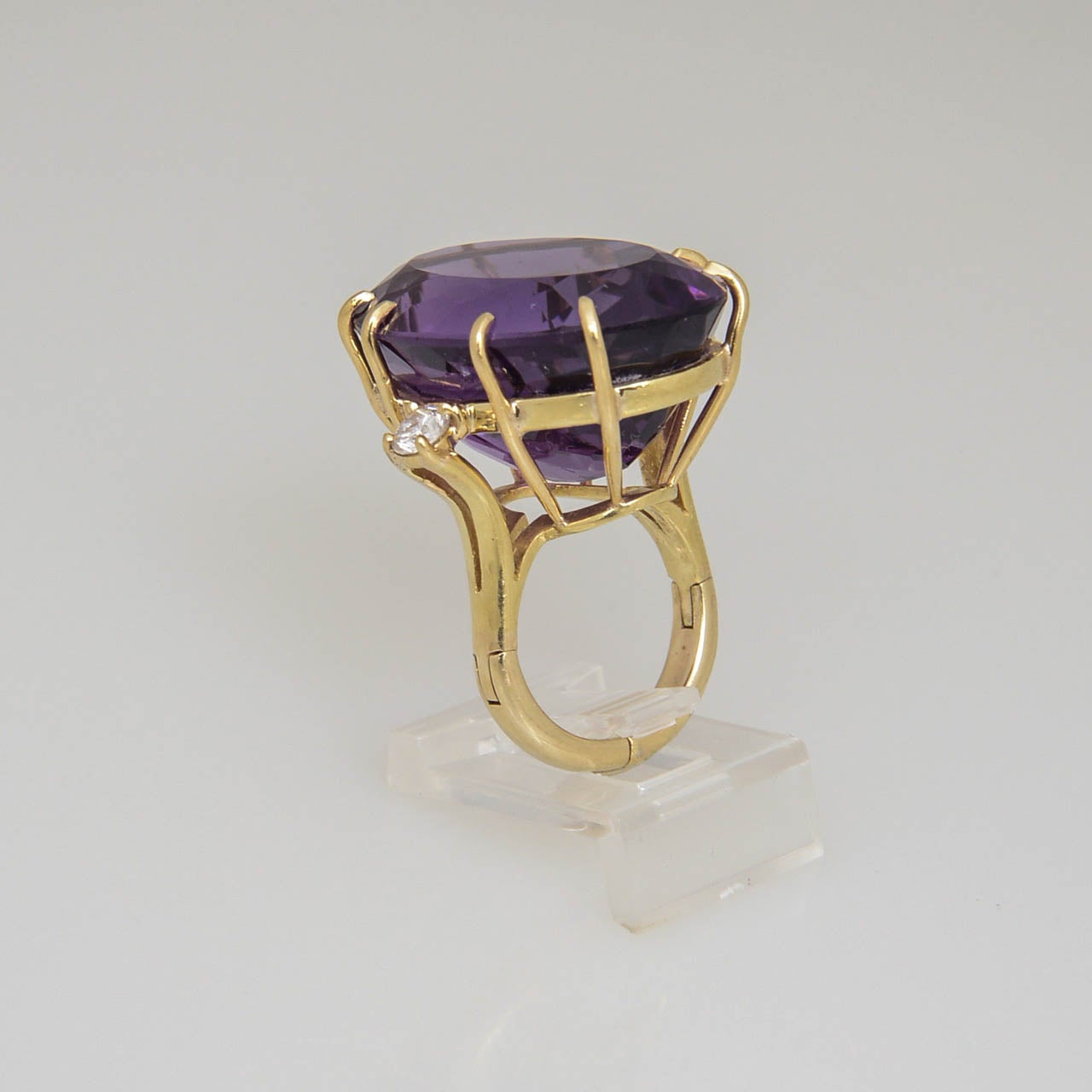 Oval Cut 1970s Large Amethyst and Diamond Gold Cocktail Ring For Sale