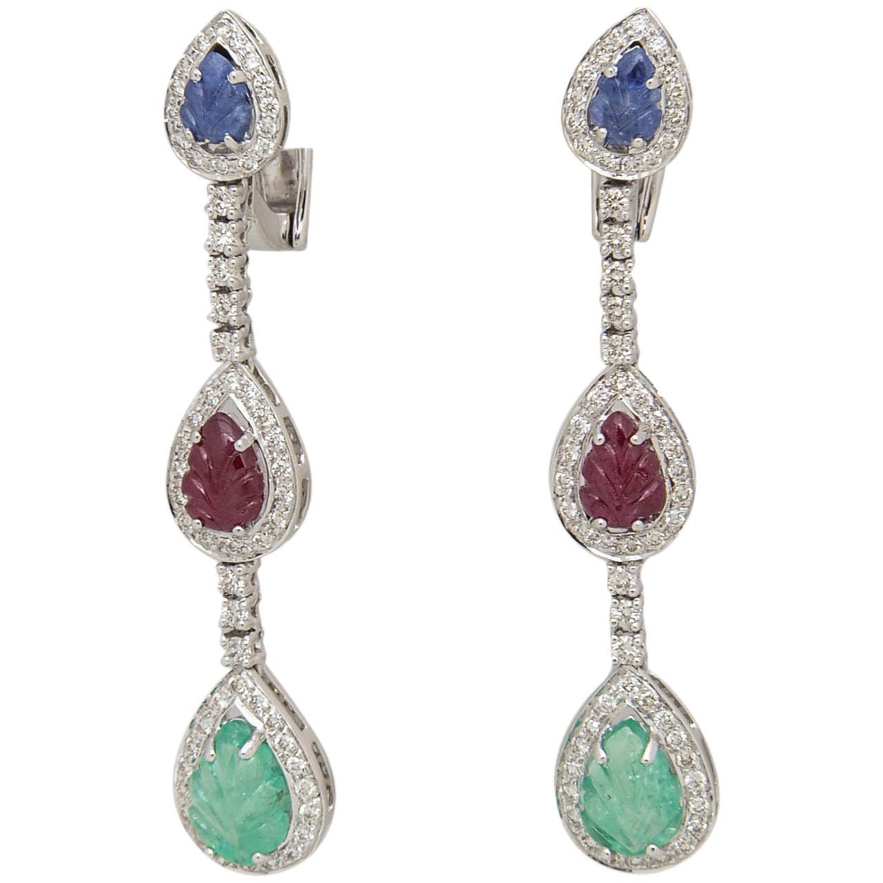 Carved Emerald, Ruby and Sapphire Leaves in Diamond Drop Earrings For
