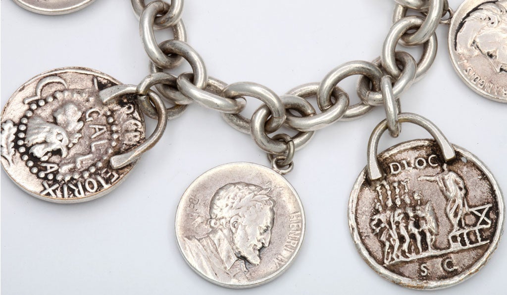 Sterling Silver Chain Bracelet with Antique French Coin Charms 2