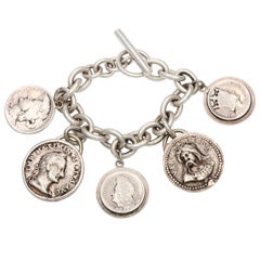 Sterling Silver Chain Bracelet with Antique French Coin Charms