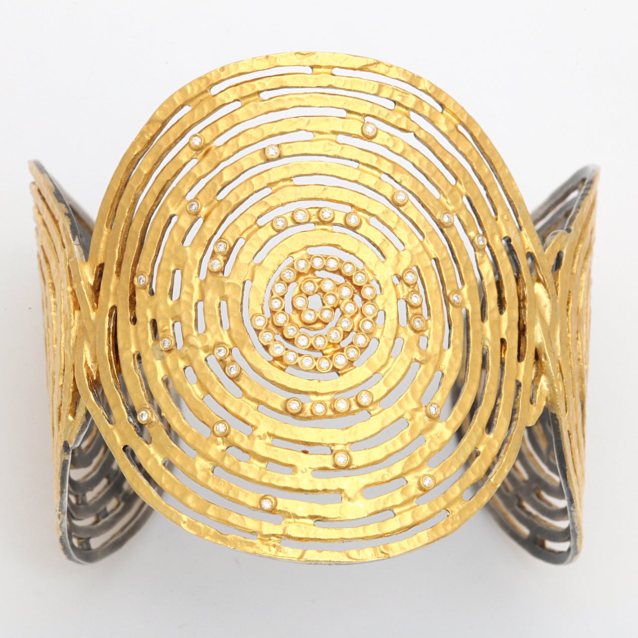 sterling silver, 24k yellow gold, 18K gold & diamond concentric circle design cuff bracelet