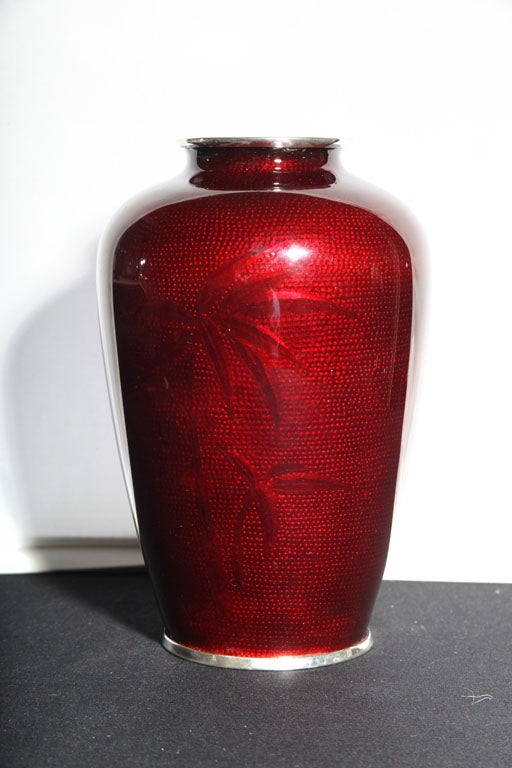 Japanese Sterling Silver and Pigeon Blood Enamel Vase In Excellent Condition In New York, NY