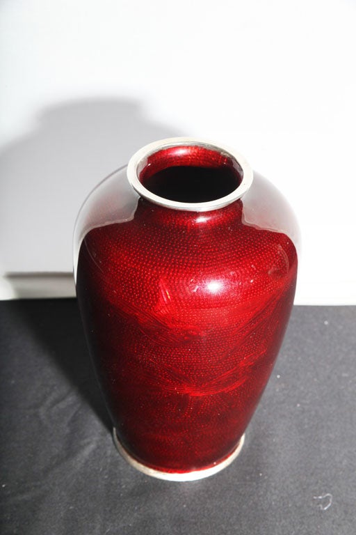 20th Century Japanese Sterling Silver and Pigeon Blood Enamel Vase