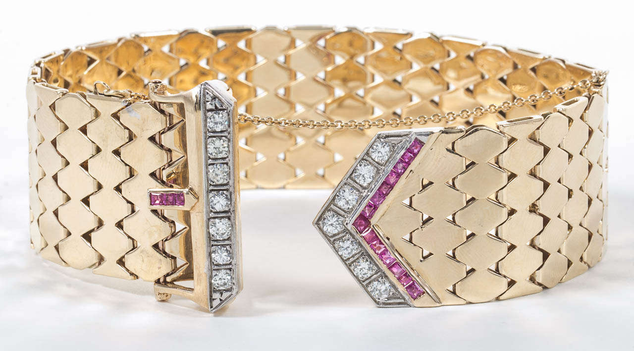 Retro Diamond Buckle Bracelet Accented with Ruby In New Condition In New York, NY