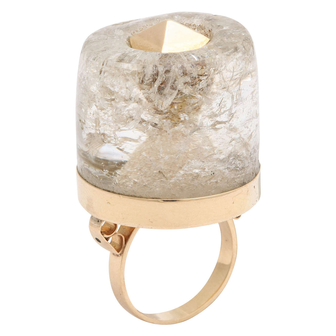 1950s Large Rock Crystal Gold Three Dimensional Ice Cube Stud Ring