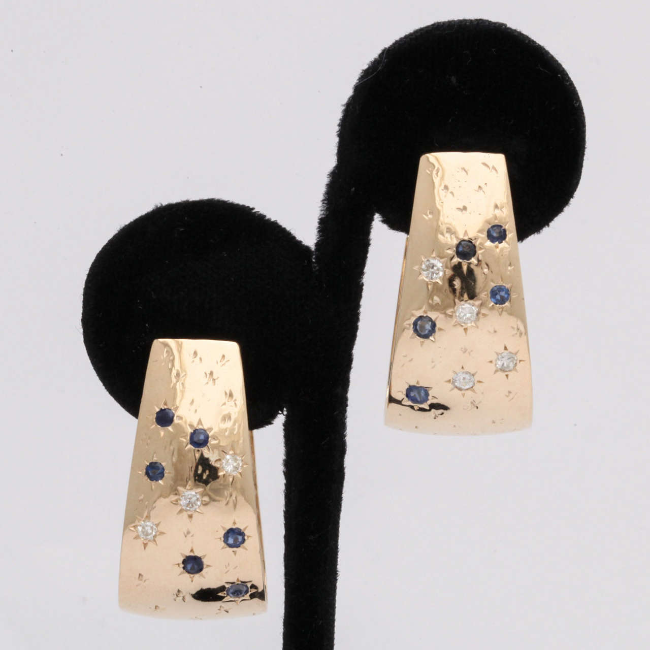 Women's 1940s Sapphire Diamond Gold Set in Stars Half Hoop Earrings With Post