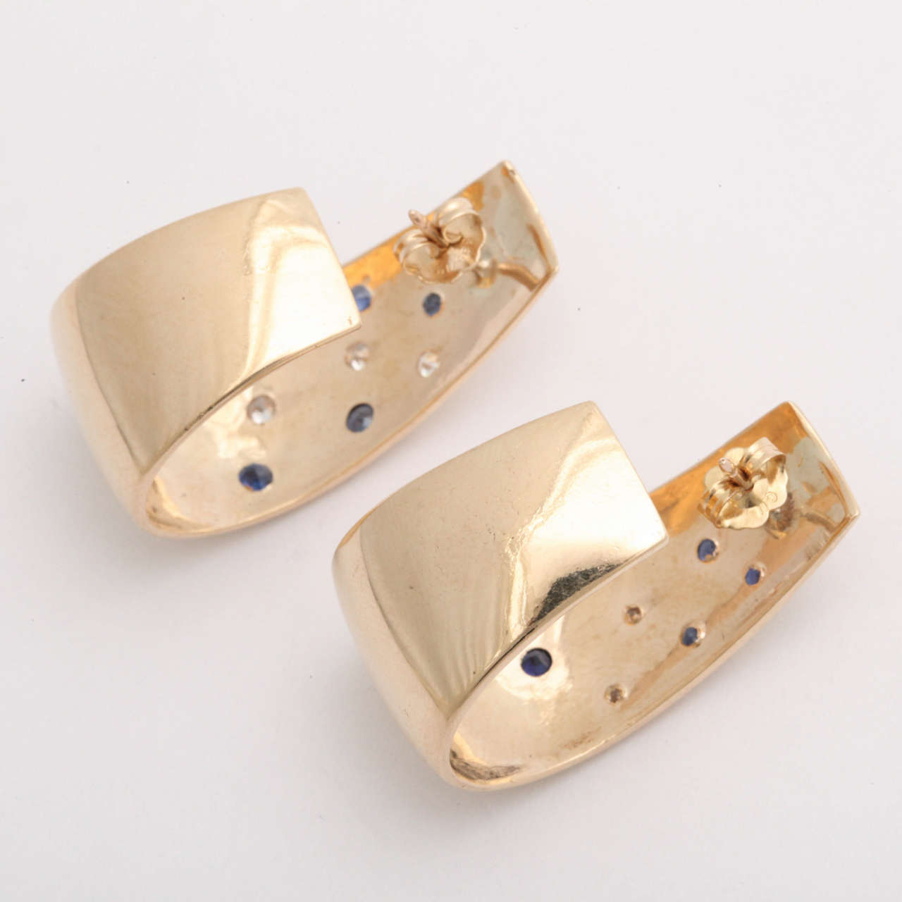 1940s Sapphire Diamond Gold Set in Stars Half Hoop Earrings With Post 2