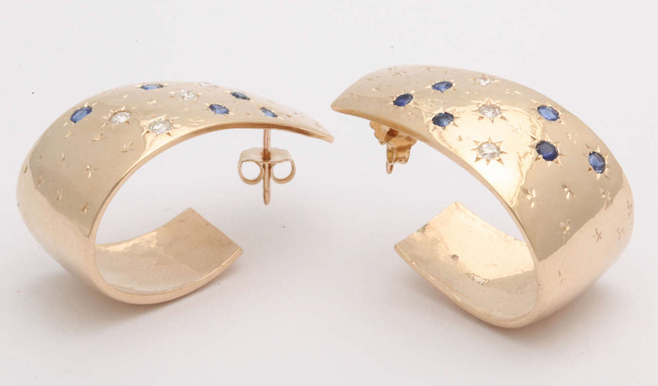 1940s Sapphire Diamond Gold Set in Stars Half Hoop Earrings With Post 3