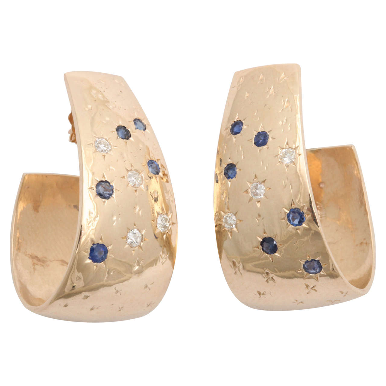 1940s Sapphire Diamond Gold Set in Stars Half Hoop Earrings With Post