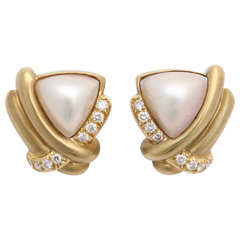 Marlene Stowe Pearl Diamond Gold Crisscross Clip On Earrings