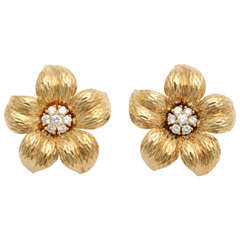 1980s Tiffany 
Co. Hand Hammered Diamond Gold Floral Earrings