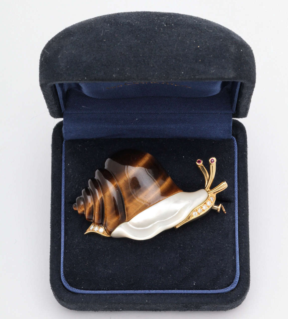 Piaget Tiger's Eye Mother-of-Pearl Diamond Gold Whimsical Snail Pin In New Condition In New York, NY
