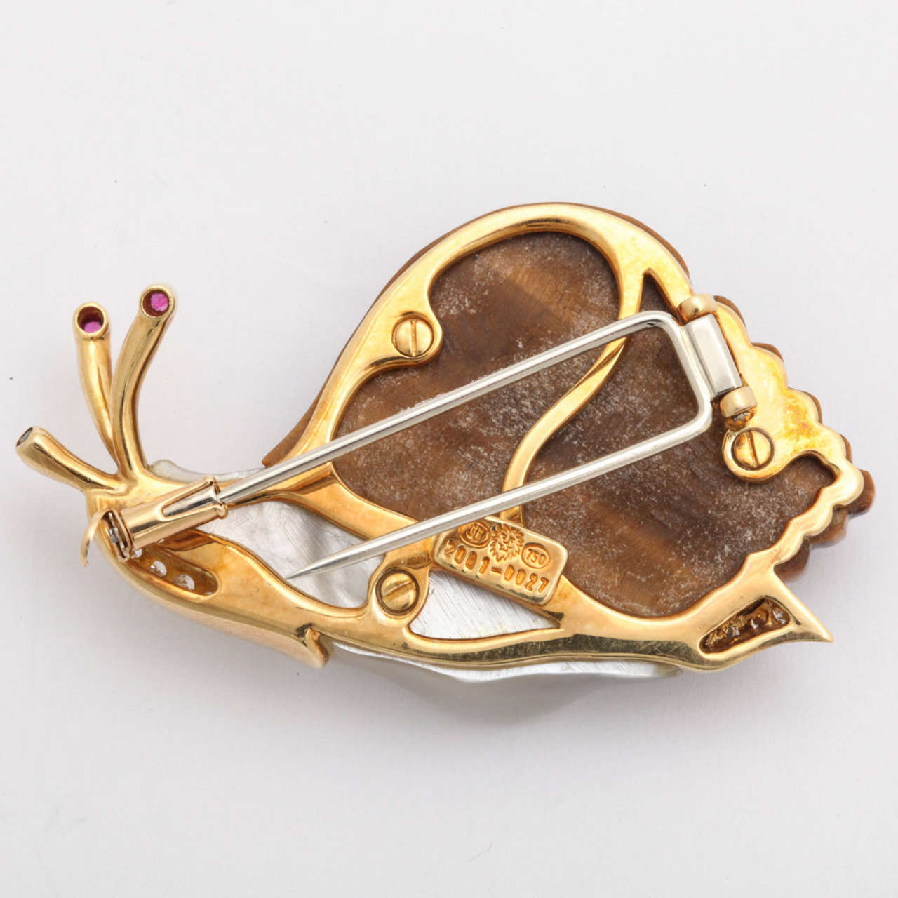Women's Piaget Tiger's Eye Mother-of-Pearl Diamond Gold Whimsical Snail Pin