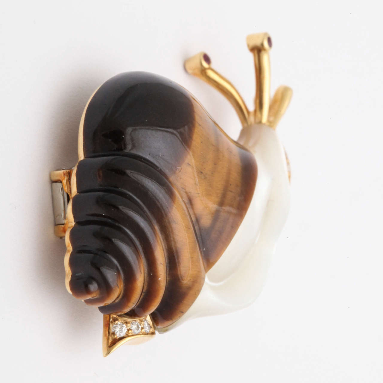 Piaget Tiger's Eye Mother-of-Pearl Diamond Gold Whimsical Snail Pin 2