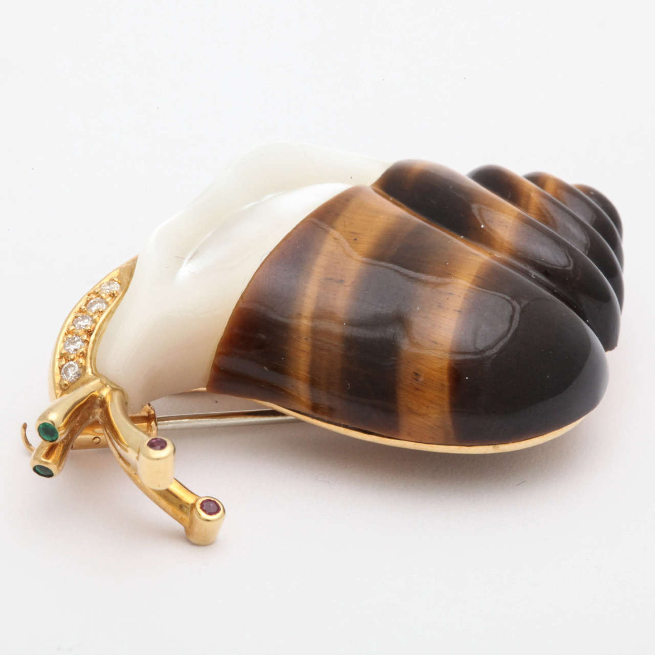 Piaget Tiger's Eye Mother-of-Pearl Diamond Gold Whimsical Snail Pin 3