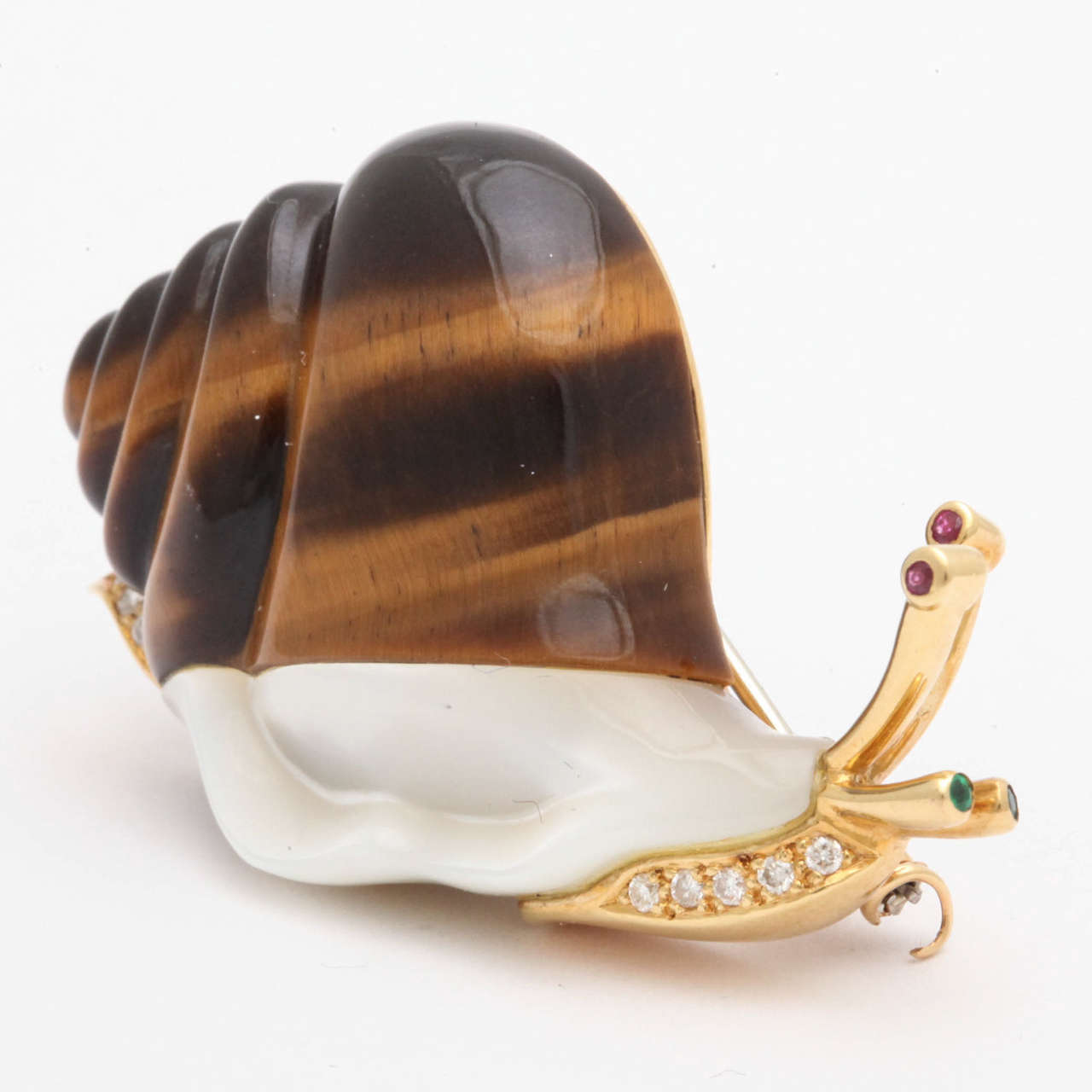 Piaget Tiger's Eye Mother-of-Pearl Diamond Gold Whimsical Snail Pin 4