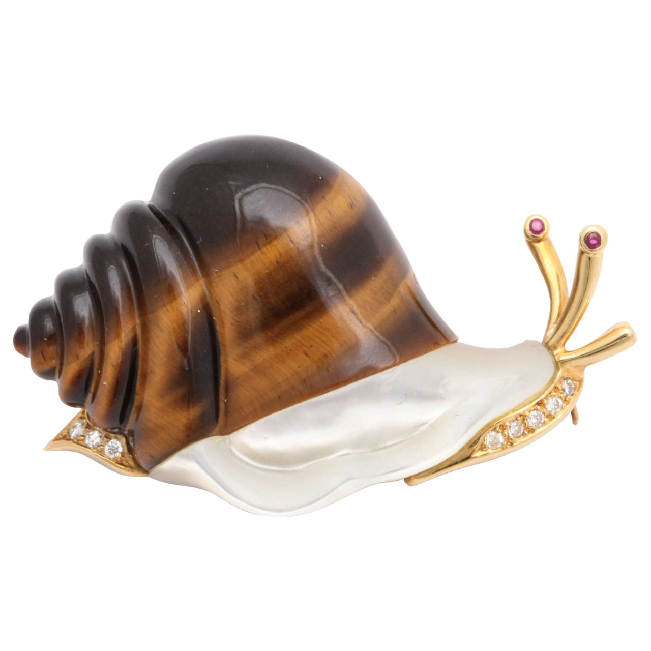 Piaget Tiger's Eye Mother-of-Pearl Diamond Gold Whimsical Snail Pin