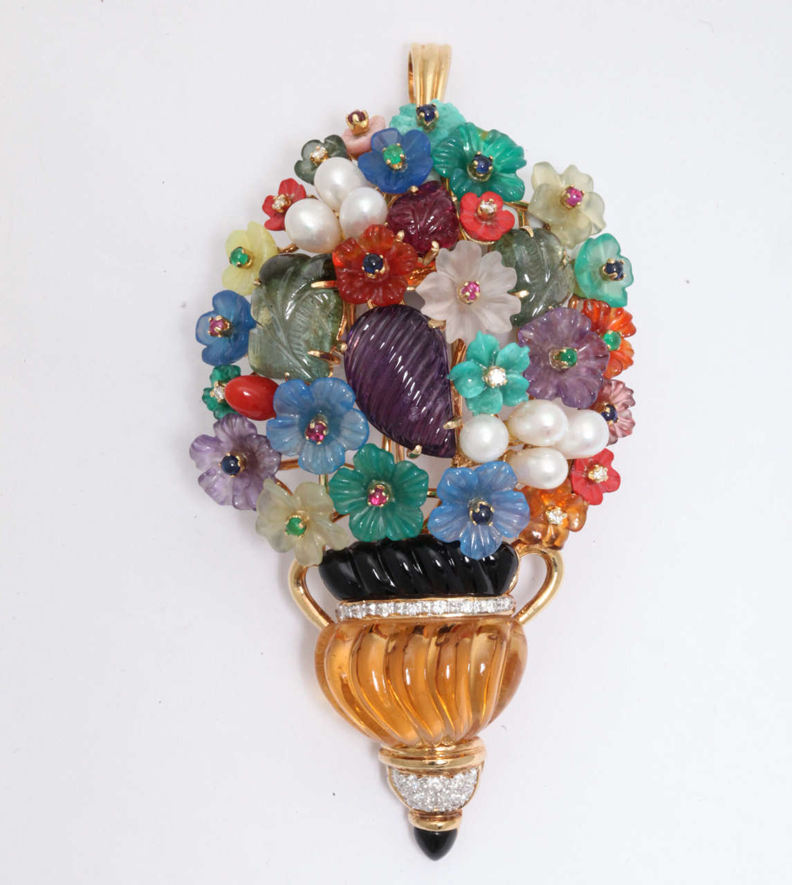 Women's 1980s Multi Gemstone Gold Tutti-Frutti Flower Basket In A Vase Brooch