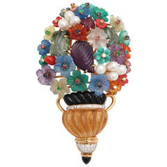 Retro 1980s Multi Gemstone Gold Tutti-Frutti Flower Basket In A Vase Brooch