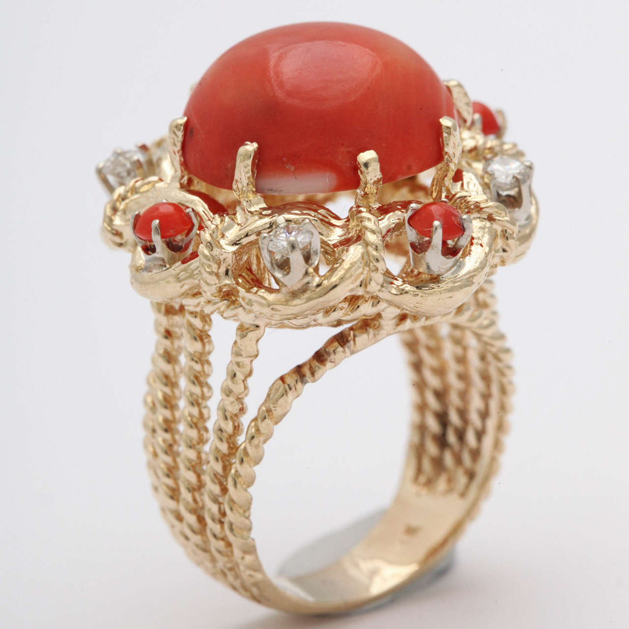 La Dolce Vita - Large Italian Bauble - 2 tone polished Coral with full cut tiny Diamond Accents.  Hand made rope twist & monting.