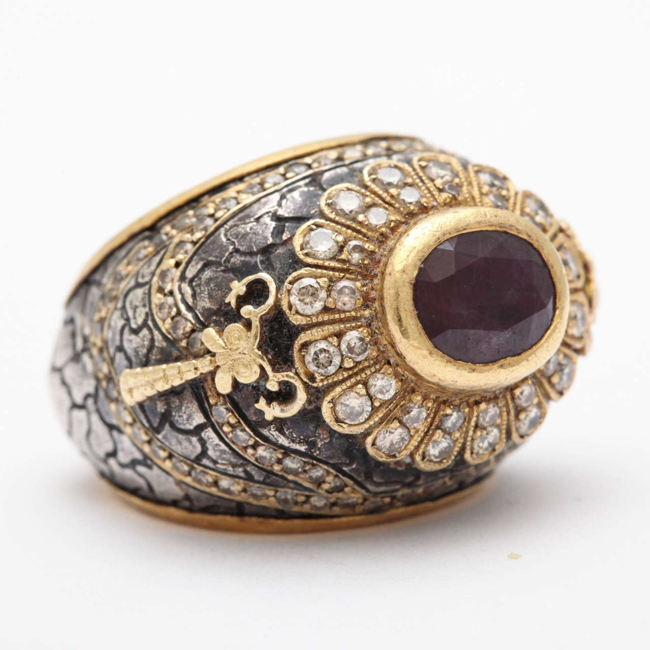 Erhan Gursen Ruby Diamond Silver Gold Cocktail Ring In Excellent Condition For Sale In New York, NY